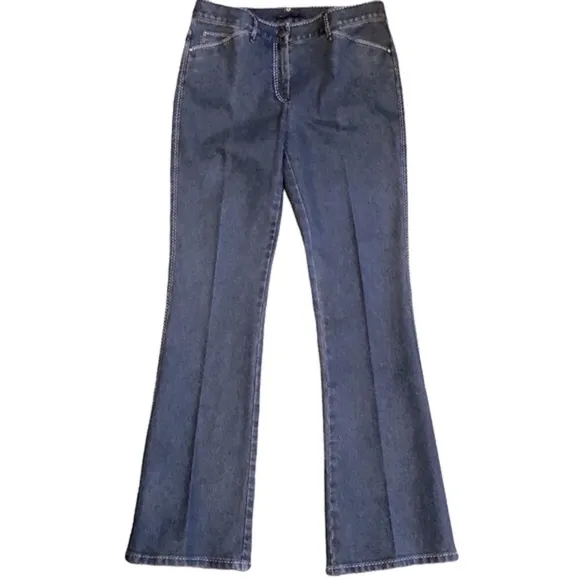 Vintage Elie Tahari Flared Denim Blue Jeans Faux Leather Trim Women’s 6 EUC