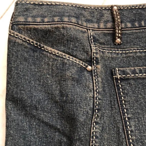 Vintage Elie Tahari Flared Denim Blue Jeans Faux Leather Trim Women’s 6 EUC