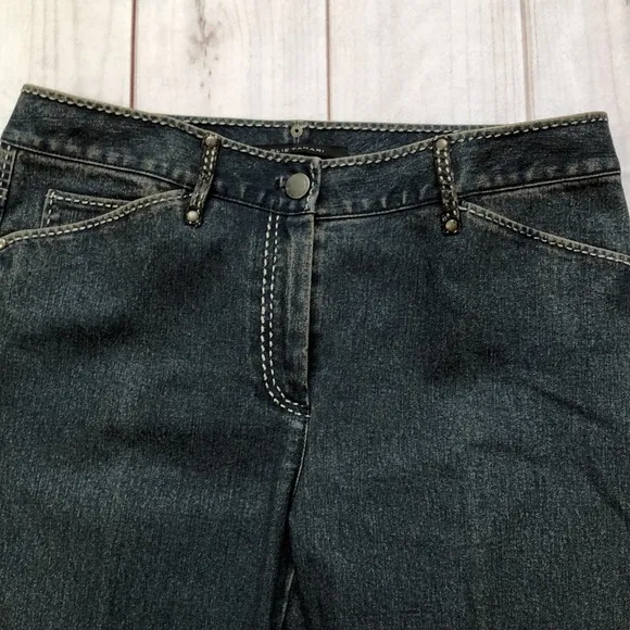 Vintage Elie Tahari Flared Denim Blue Jeans Faux Leather Trim Women’s 6 EUC