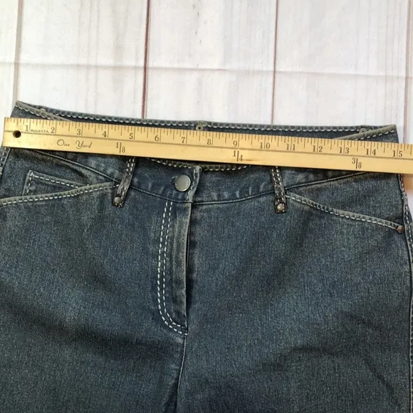 Vintage Elie Tahari Flared Denim Blue Jeans Faux Leather Trim Women’s 6 EUC
