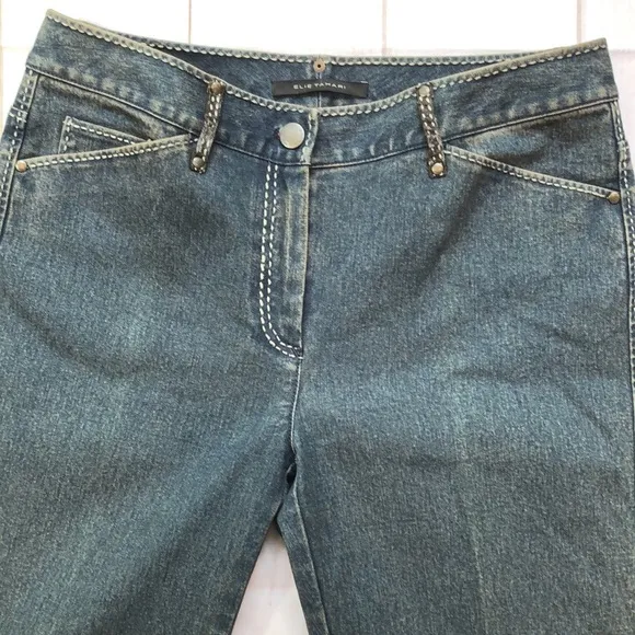 Vintage Elie Tahari Flared Denim Blue Jeans Faux Leather Trim Women’s 6 EUC