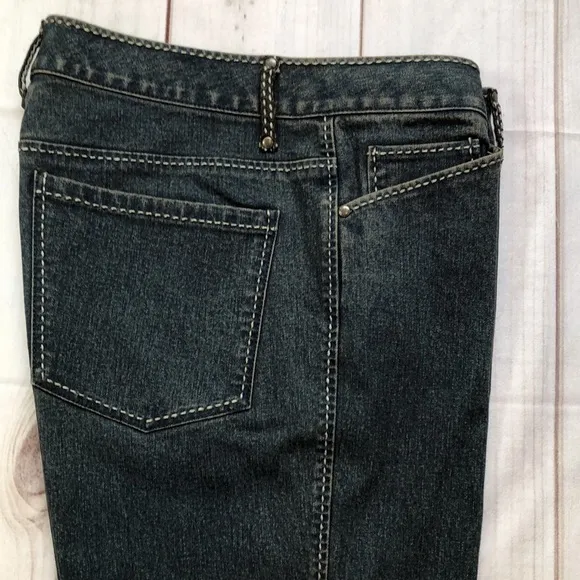Vintage Elie Tahari Flared Denim Blue Jeans Faux Leather Trim Women’s 6 EUC