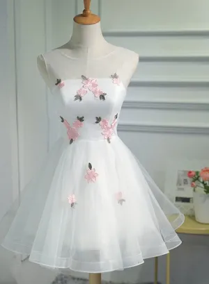 White Short Cute Graduation Party Dress , Lovely Prom Dress , Formal Dress Tulle with Flowers