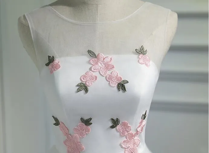White Short Cute Graduation Party Dress , Lovely Prom Dress , Formal Dress Tulle with Flowers