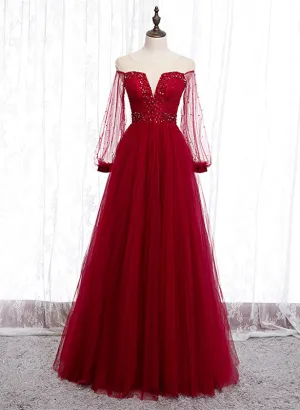 Wine Red Long Sleeves Round Neckline Beaded Party Dress, Wine Red Long Prom Dress