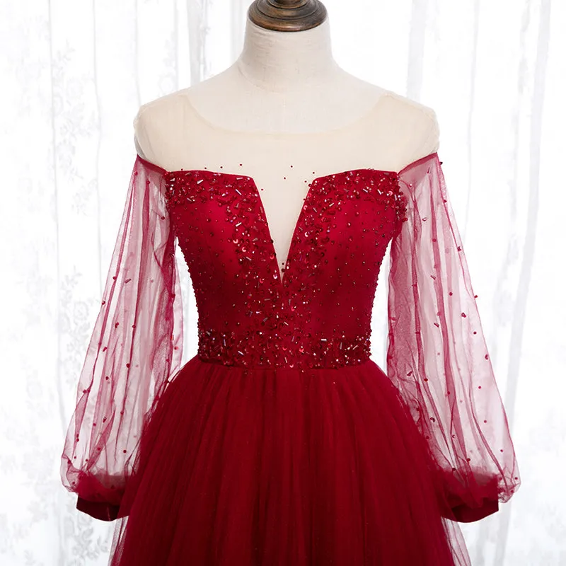 Wine Red Long Sleeves Round Neckline Beaded Party Dress, Wine Red Long Prom Dress