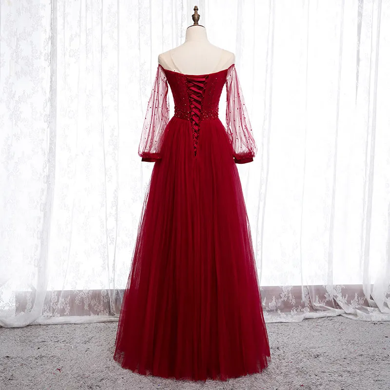 Wine Red Long Sleeves Round Neckline Beaded Party Dress, Wine Red Long Prom Dress
