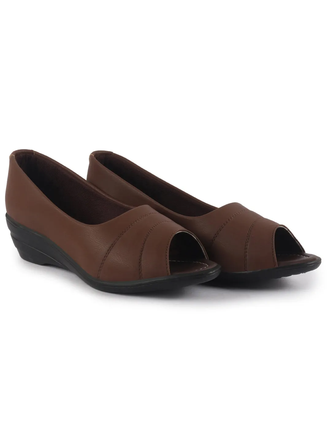 Women Brown Elegant Peep Toe Platform Wedge Heel Ballet | Formal Dress Ballerina Shoes | Office Open Toe Sandal | Anti Skid Sole