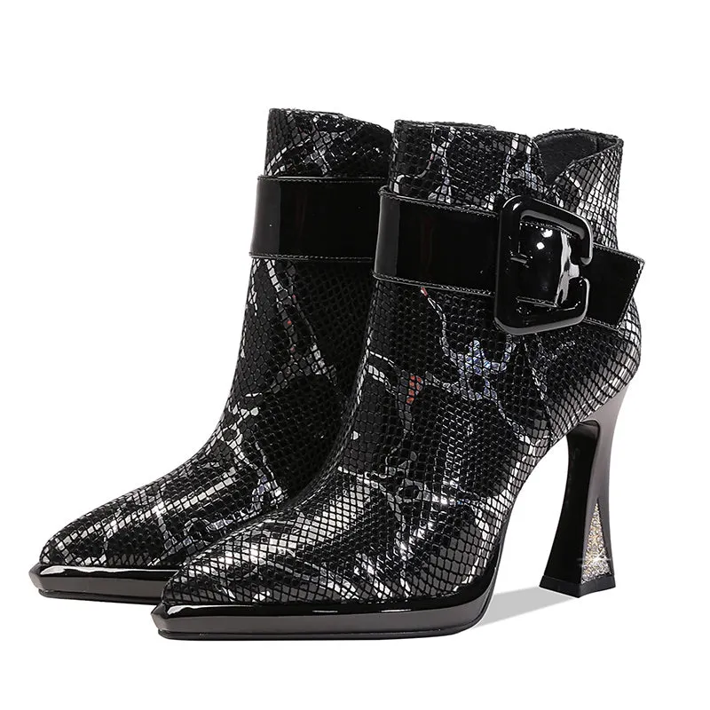 Women's Pointed Toe Ankle Leather Shoes With Metal Buckle