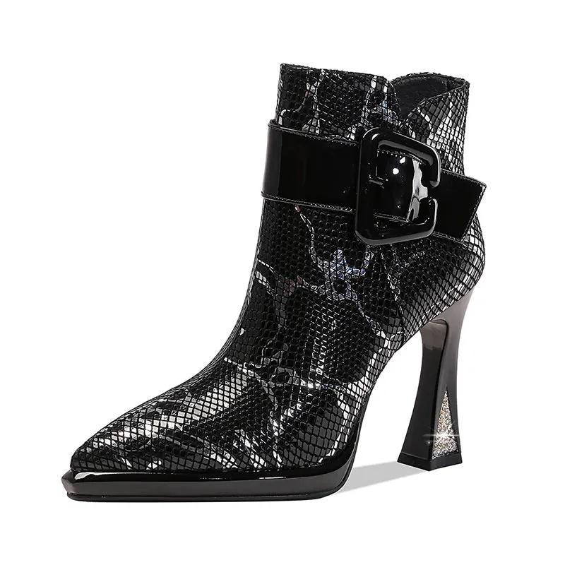 Women's Pointed Toe Ankle Leather Shoes With Metal Buckle