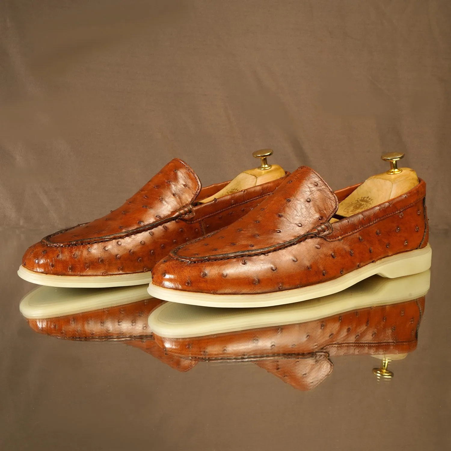Yacht Slip-On Shoes in Exotic Ostrich  Tan Leather