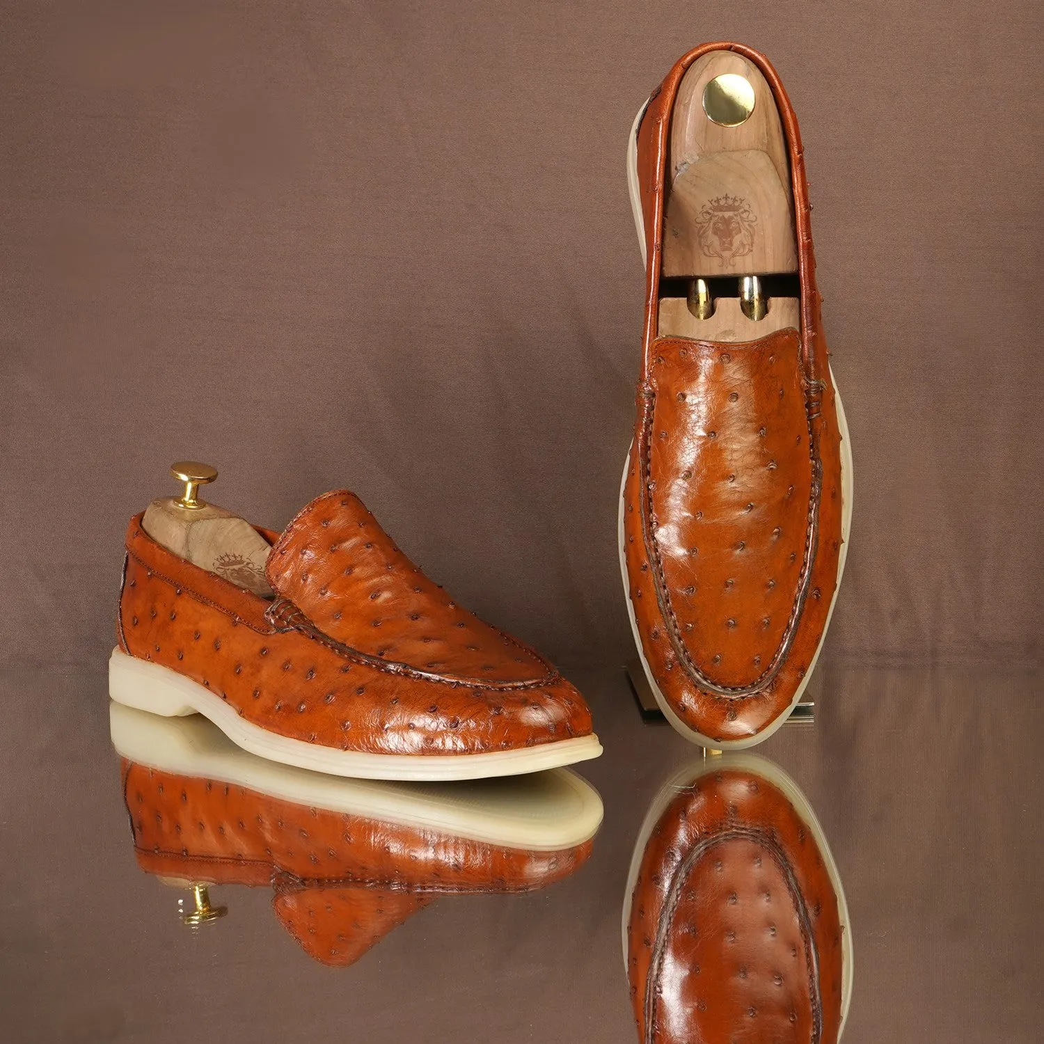 Yacht Slip-On Shoes in Exotic Ostrich  Tan Leather