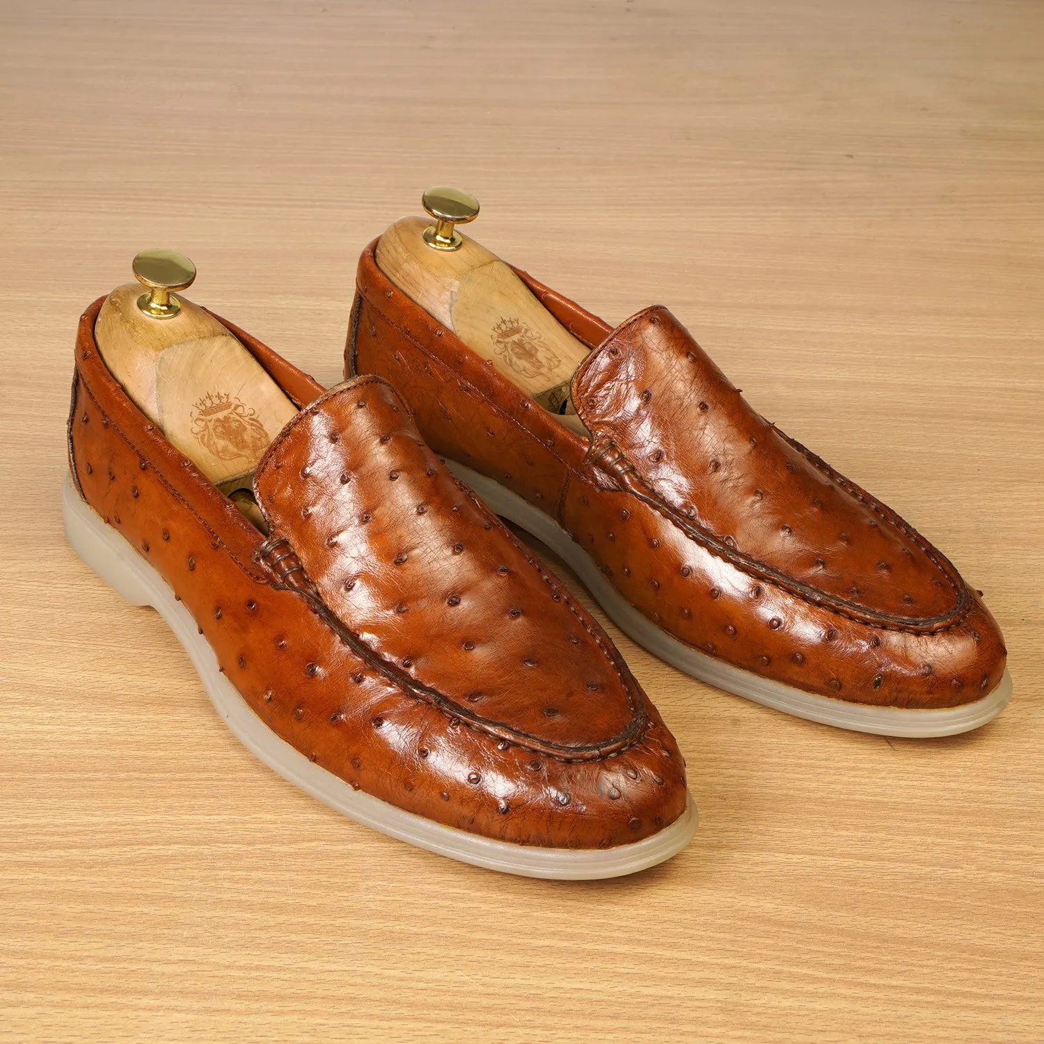 Yacht Slip-On Shoes in Exotic Ostrich  Tan Leather
