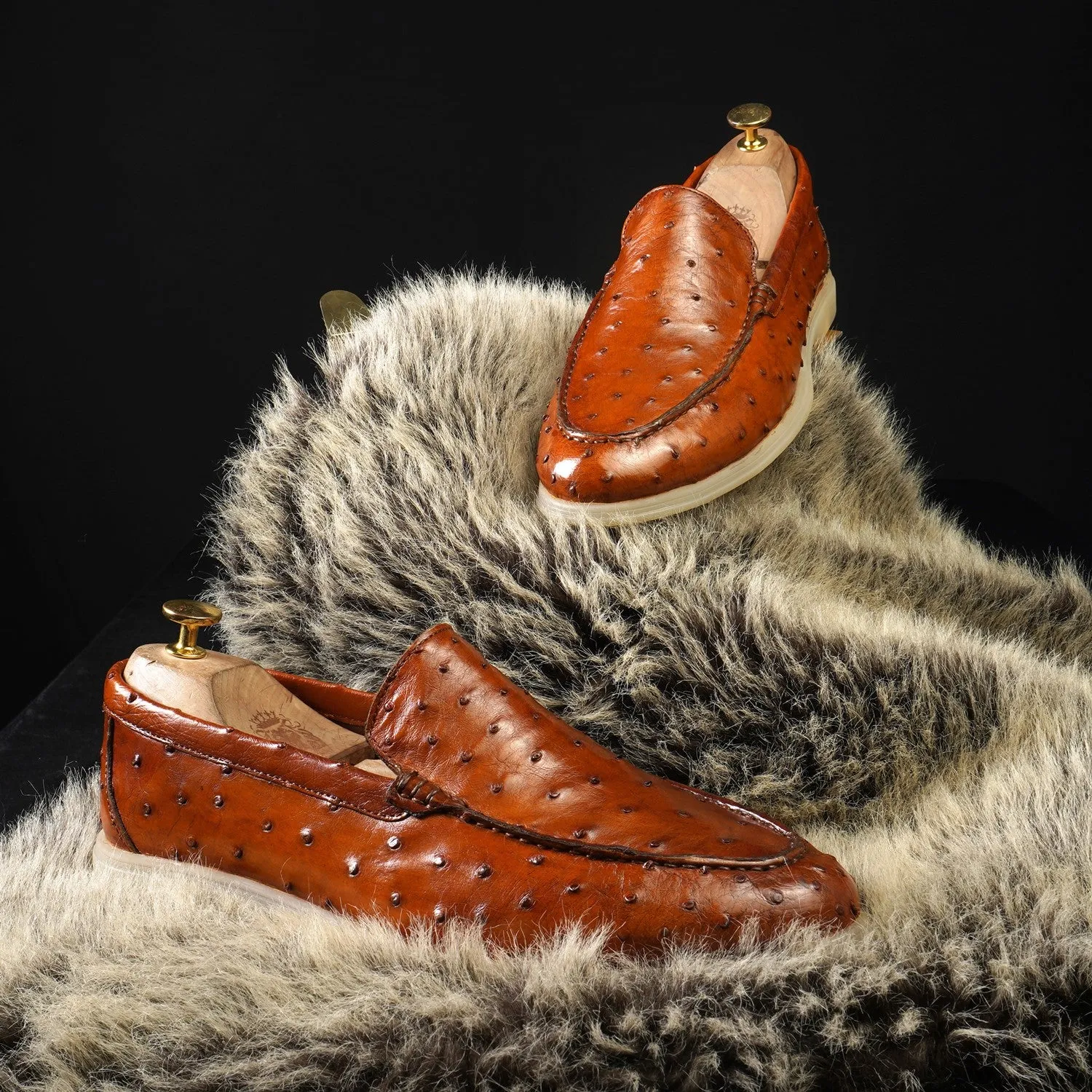 Yacht Slip-On Shoes in Exotic Ostrich  Tan Leather