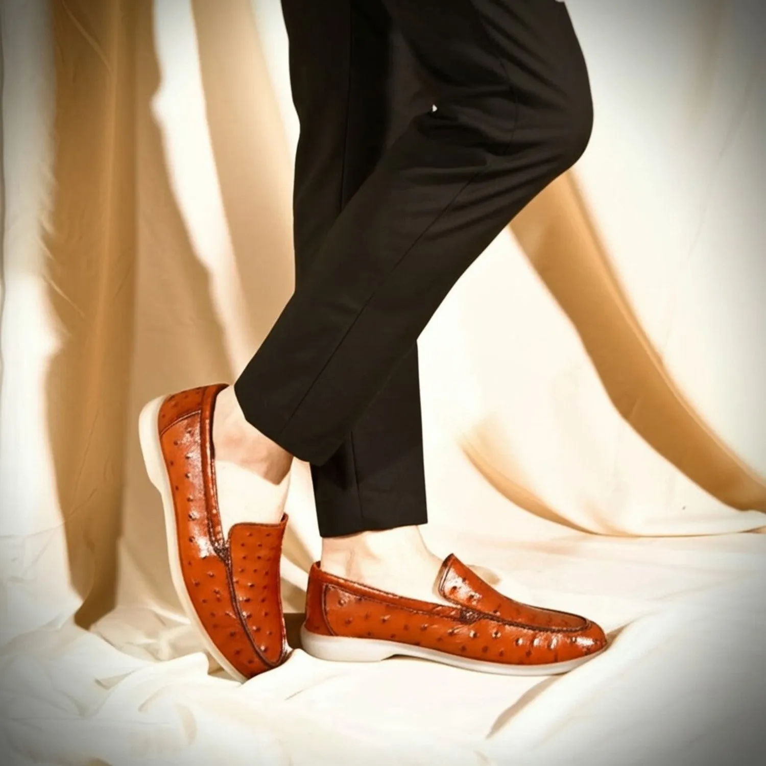 Yacht Slip-On Shoes in Exotic Ostrich  Tan Leather