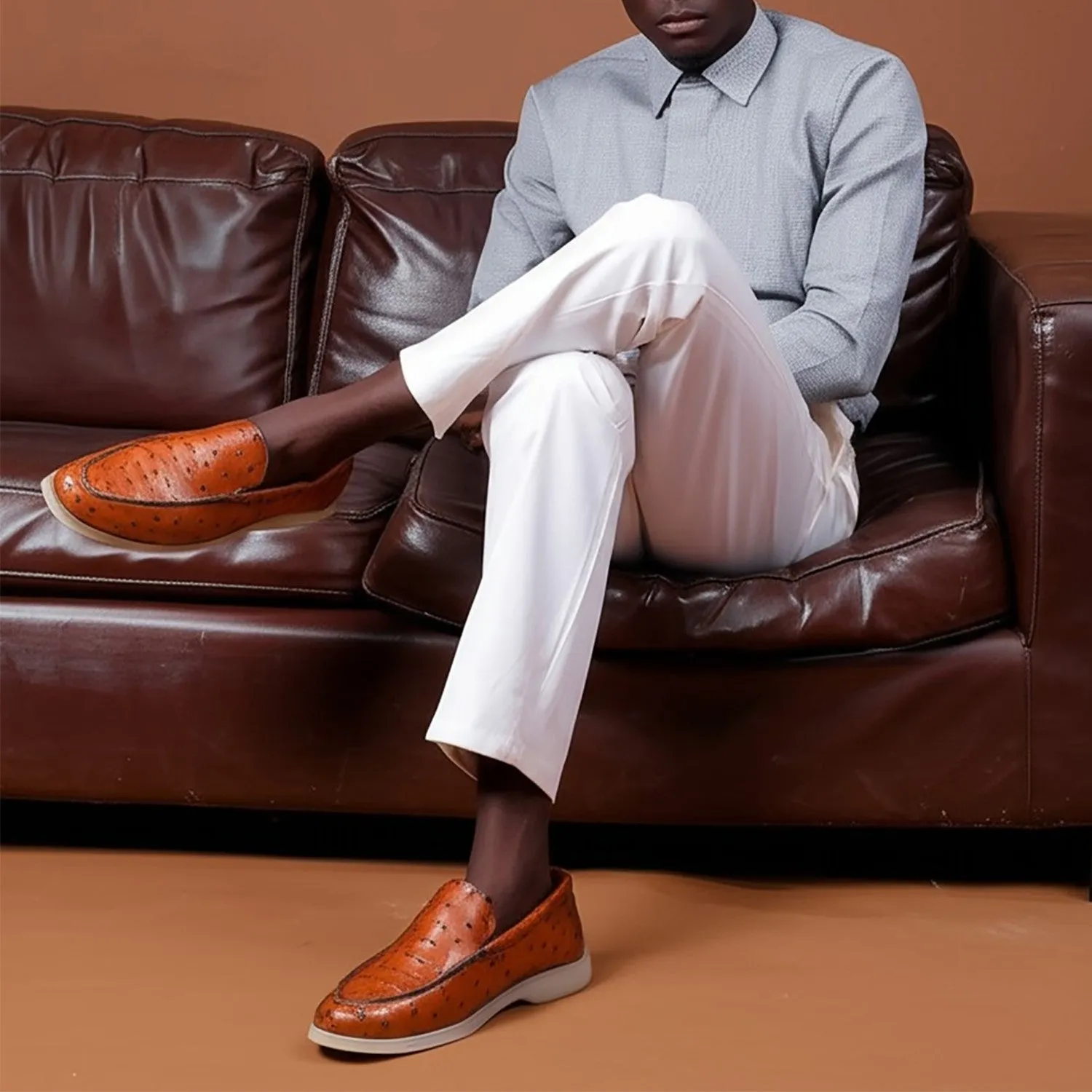 Yacht Slip-On Shoes in Exotic Ostrich  Tan Leather